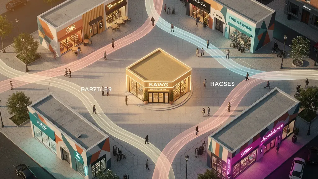 A vibrant local community network showing interconnected businesses and customers