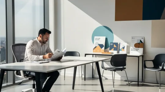 Franchise owner reviewing legal documents with marketing materials in modern office