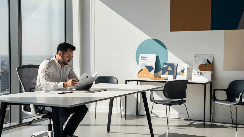 Franchise owner reviewing legal documents with marketing materials in modern office