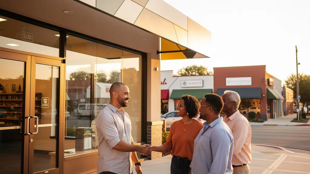Business owner engaging with local community members building trust and goodwill