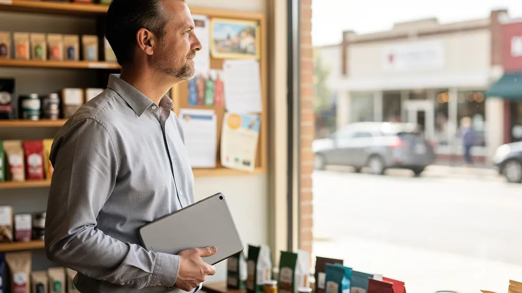 Local business owner examining market data on tablet in a small town main street storefront
