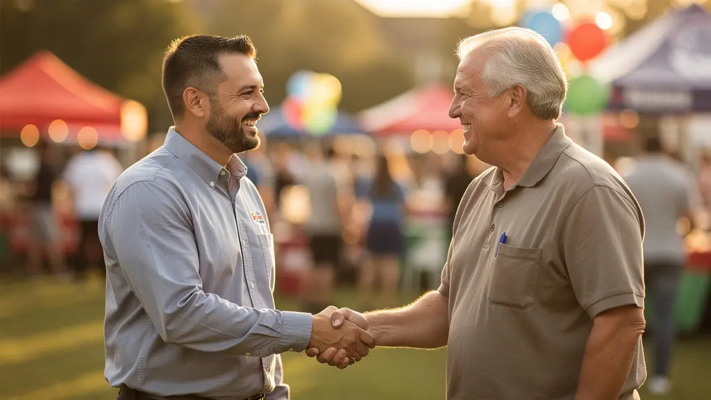 Local business owner participating in community event with neighborhood backdrop
