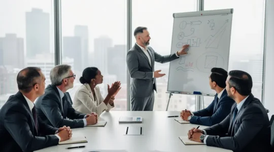 Business professionals collaborating in a peer advisory meeting