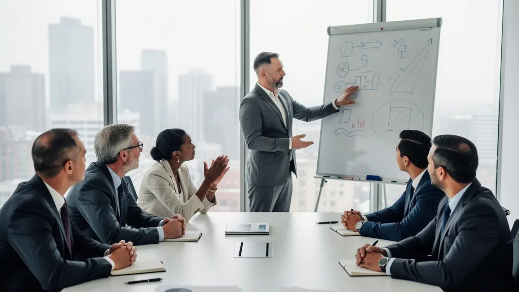 Business professionals collaborating in a peer advisory meeting