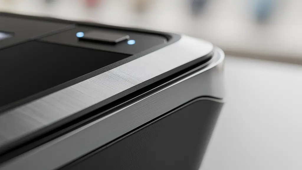 Close-up macro shot of modern payment technology components showing sleek surfaces and advanced materials