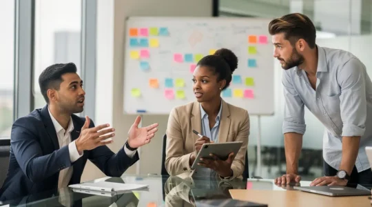New employees engaged in interactive brand training session in modern office environment