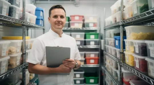 Restaurant owner checking inventory in walk-in cooler during opening preparation