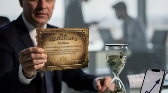 Professional reviewing expired certificates while money flows away in hourglass