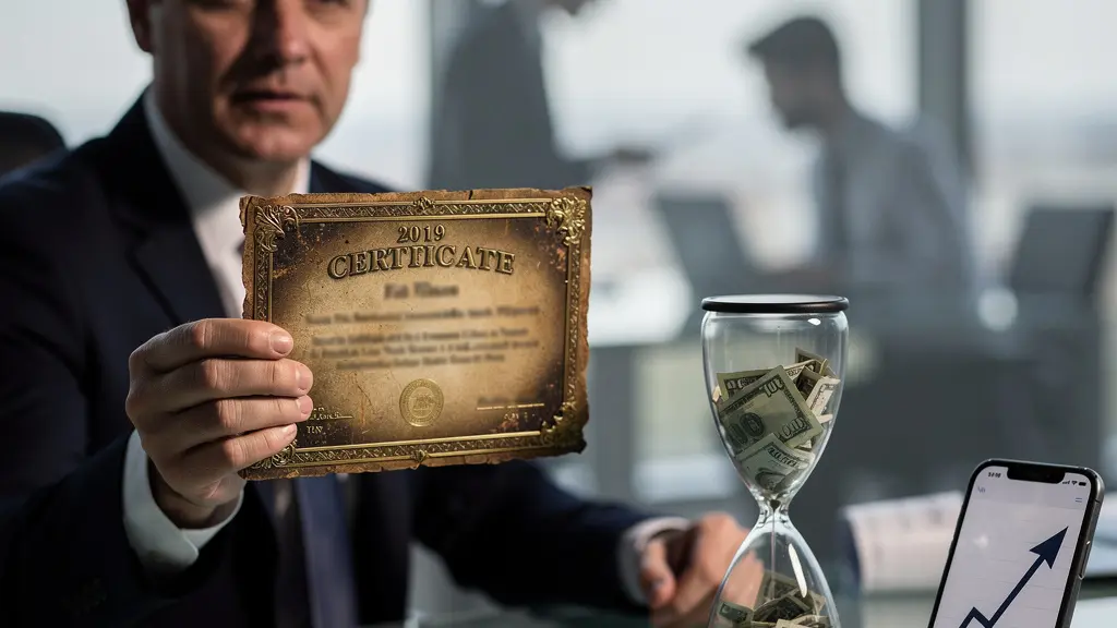 Professional reviewing expired certificates while money flows away in hourglass