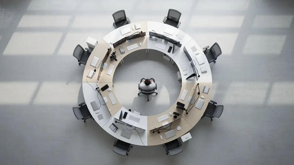 Aerial view of a circular workspace illustrating the operational dependency of an owner-operator trap.
