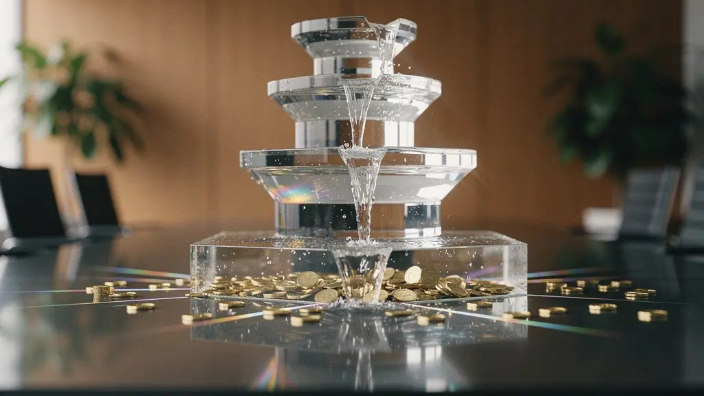 A glass waterfall sculpture with multiple tiers, symbolizing a cascading profit distribution model for compensation.
