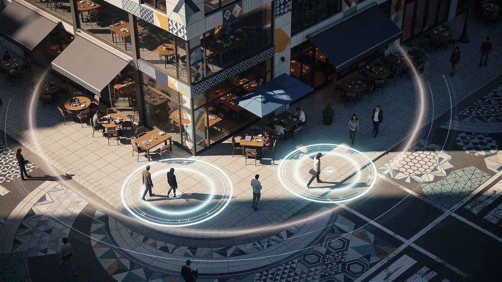 Aerial view of urban restaurant district showing virtual boundaries for location-based marketing