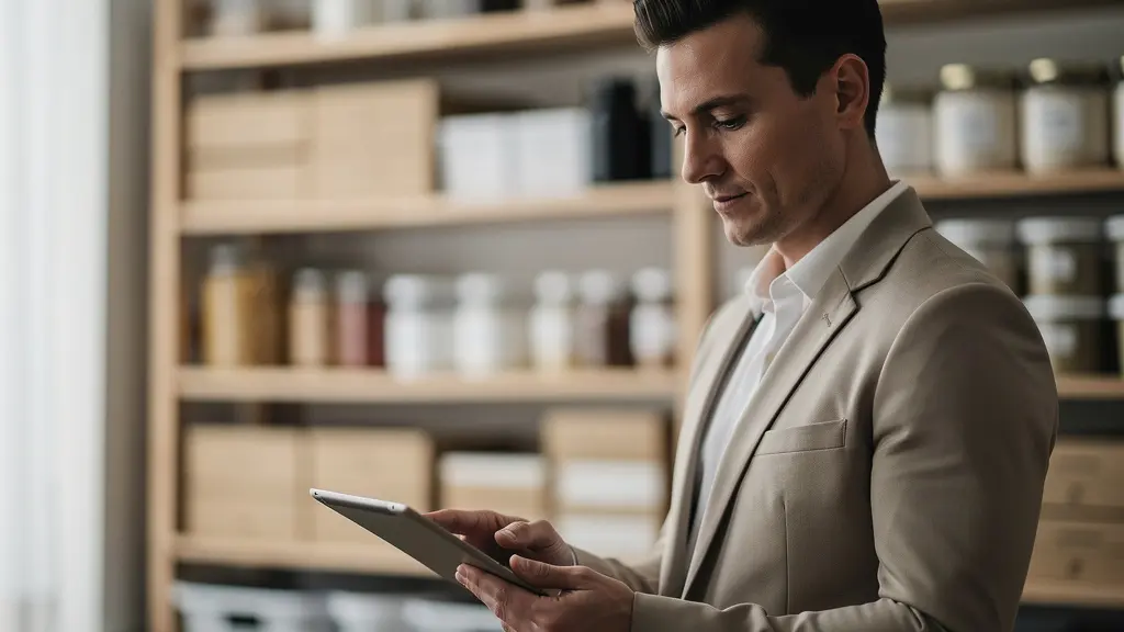 Restaurant manager using tablet to review inventory levels in stockroom