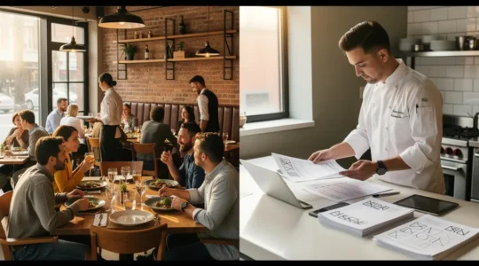 Strategic restaurant promotion display showing contrasting dining environments for promotional planning