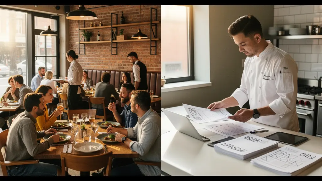 Strategic restaurant promotion display showing contrasting dining environments for promotional planning