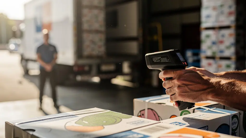 Restaurant staff inspecting delivery at loading dock with temperature probes and clipboards