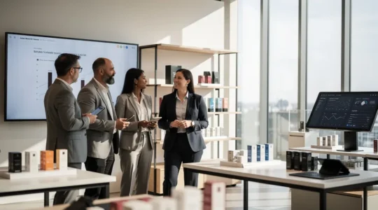 Professional retail team reviewing operational data in modern store environment