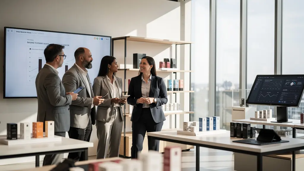 Professional retail team reviewing operational data in modern store environment