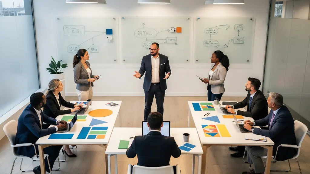 Multi-level employee training session with team leaders instructing small groups