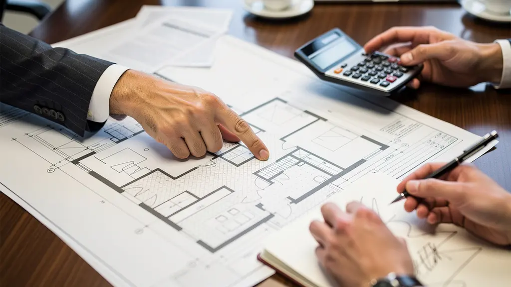 Professional negotiation scene with building plans and bid documents on conference table