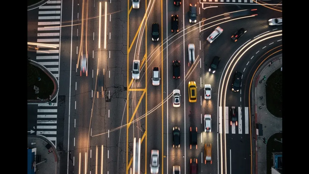 Aerial view of traffic patterns showing ease of access differences between road sides during evening commute