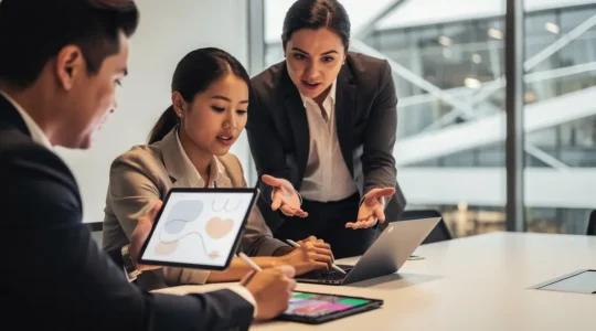 Professional office team collaborating on digital transformation of operations procedures