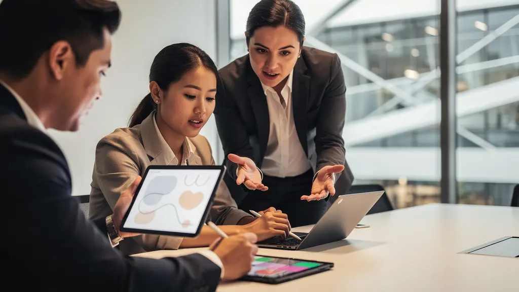 Professional office team collaborating on digital transformation of operations procedures