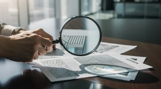 Professional investigator examining franchise documents with magnifying glass in modern office setting