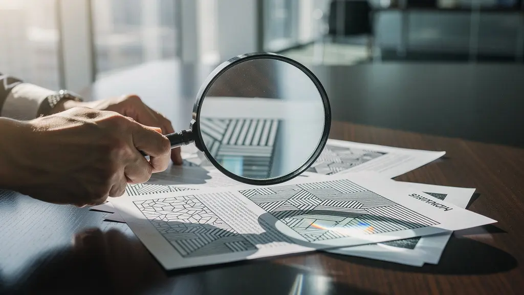 Professional investigator examining franchise documents with magnifying glass in modern office setting