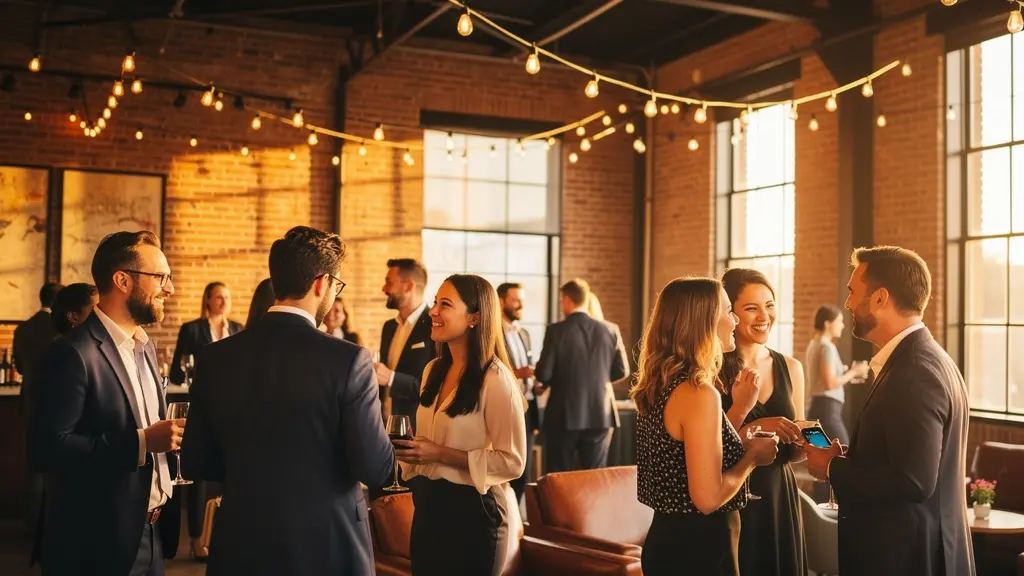 Local influencers and business owners networking at exclusive pre-opening event with smartphones capturing moments