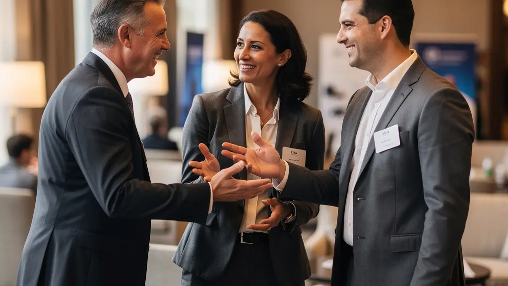 Business professional making a strategic connection through a warm introduction at a convention. Business professional making a strategic connection through a warm introduction at a convention.