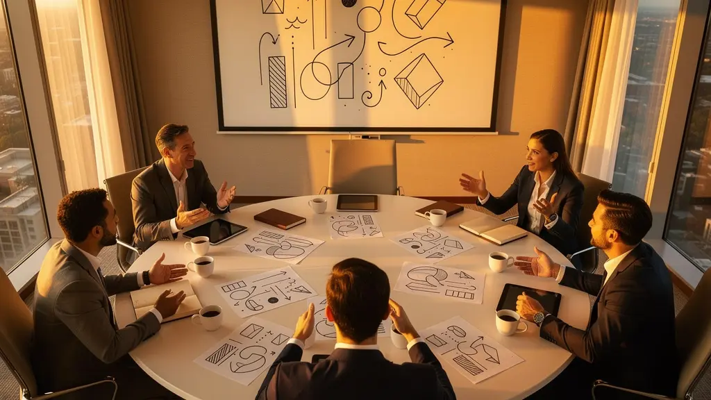 A management team conducting a strategic SOAR debrief session after a convention day. A management team conducting a strategic SOAR debrief session after a convention day.